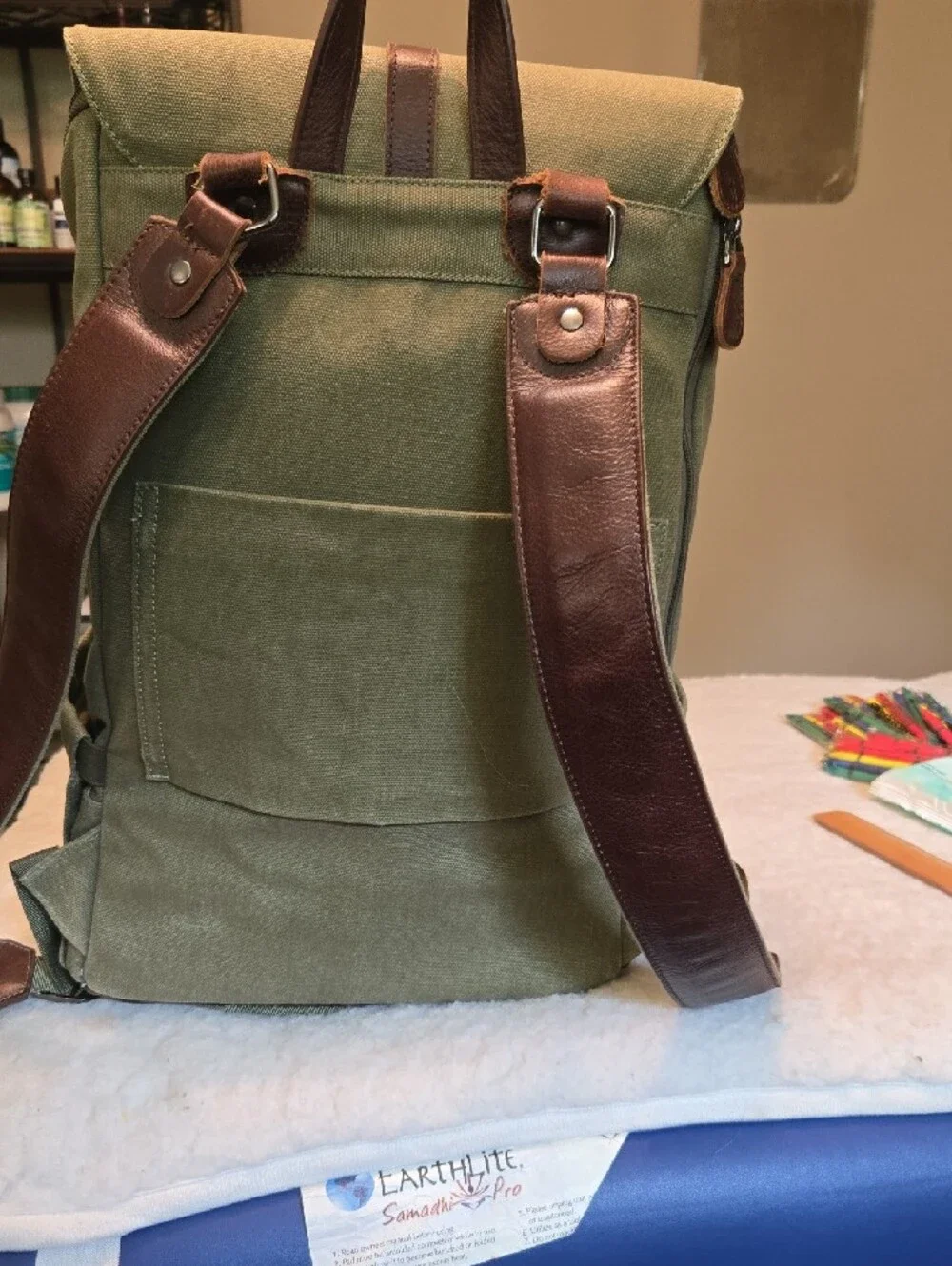 Ever Forward Green Canvas Back Pack Bag with Leather Accent